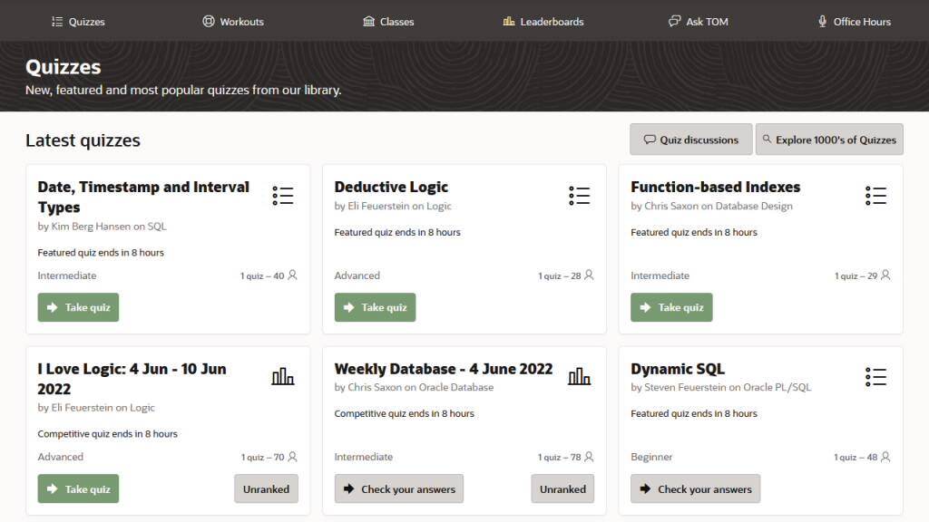 New quizzes page, quiz author, and daily featured quizzes on Oracle Dev Gym