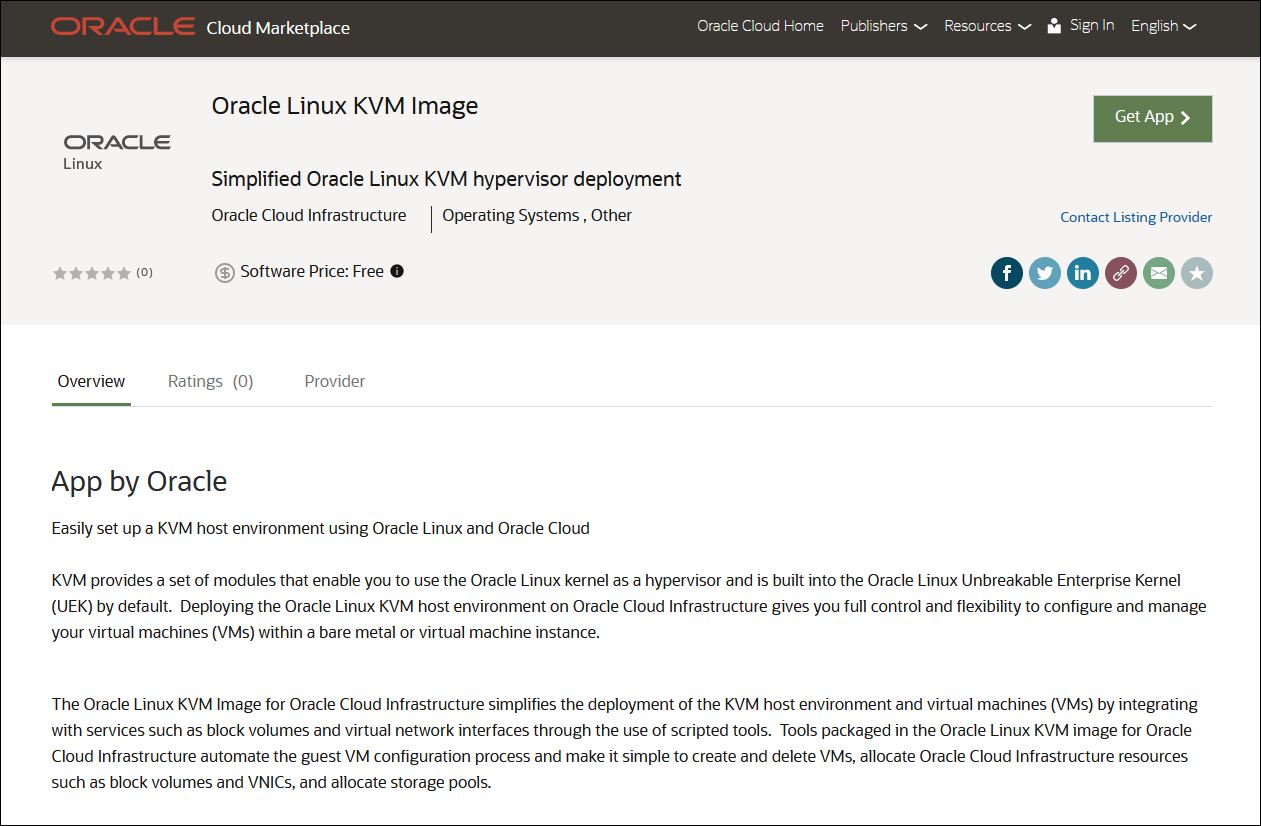 A screenshot of the Oracle Linux KVM image in the Oracle Cloud Marketplace.