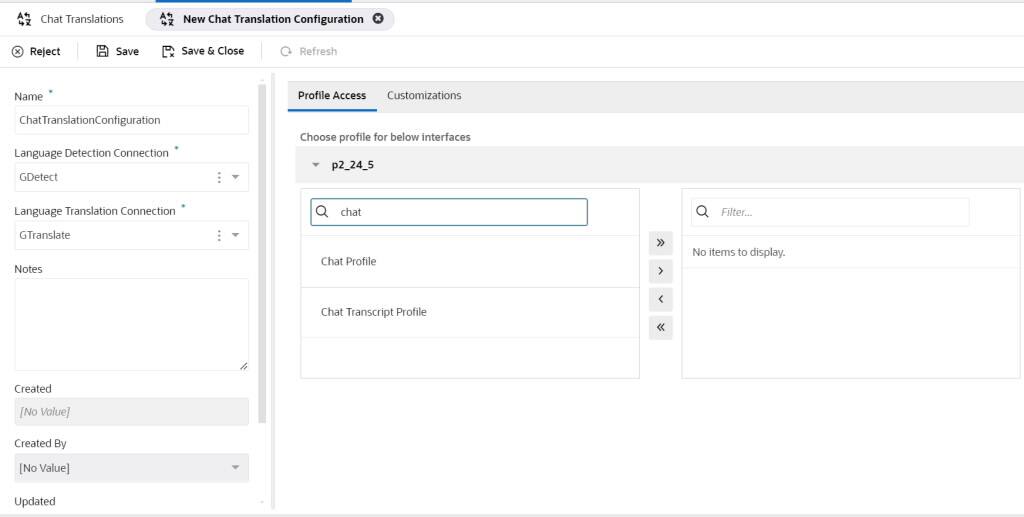 Stránka konfigurace překladu chatu