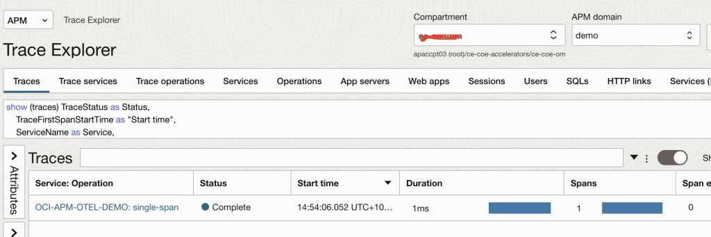 Snímek obrazovky Průzkumníka trasování v konzole Oracle Cloud Console zobrazující dostupné trasování.