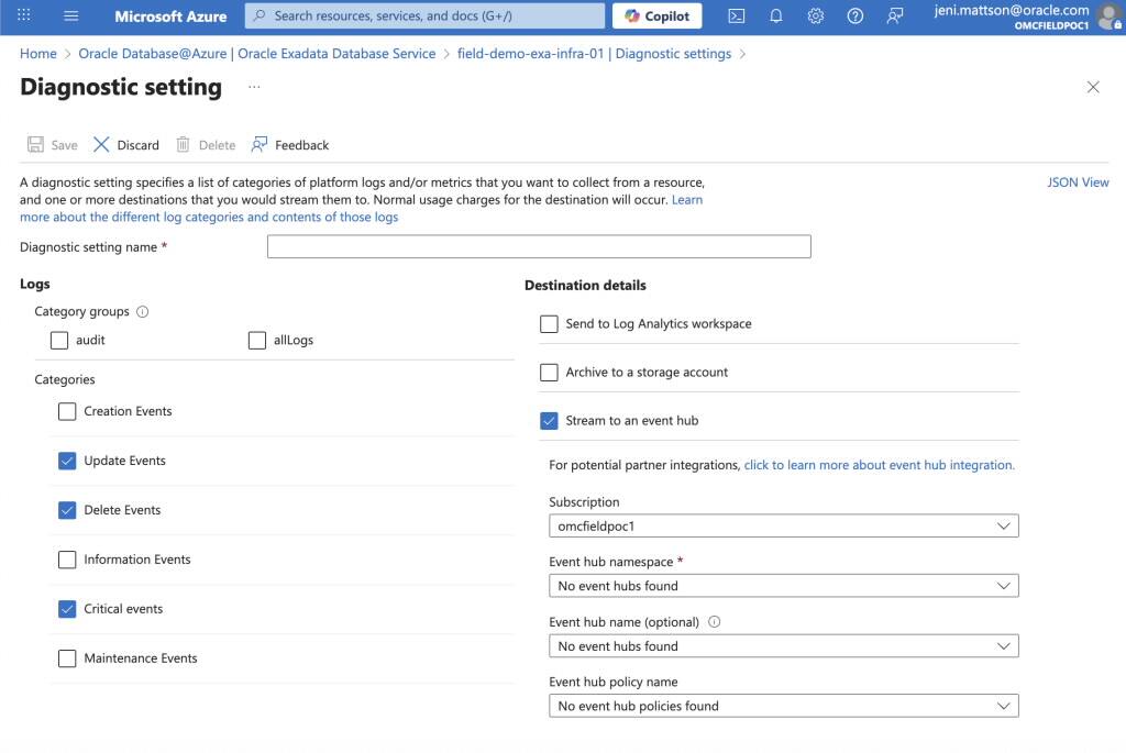 Snímek obrazovky z protokolů a událostí Oracle Database@Azure ExaData – stránka kategorií protokolů a cílů