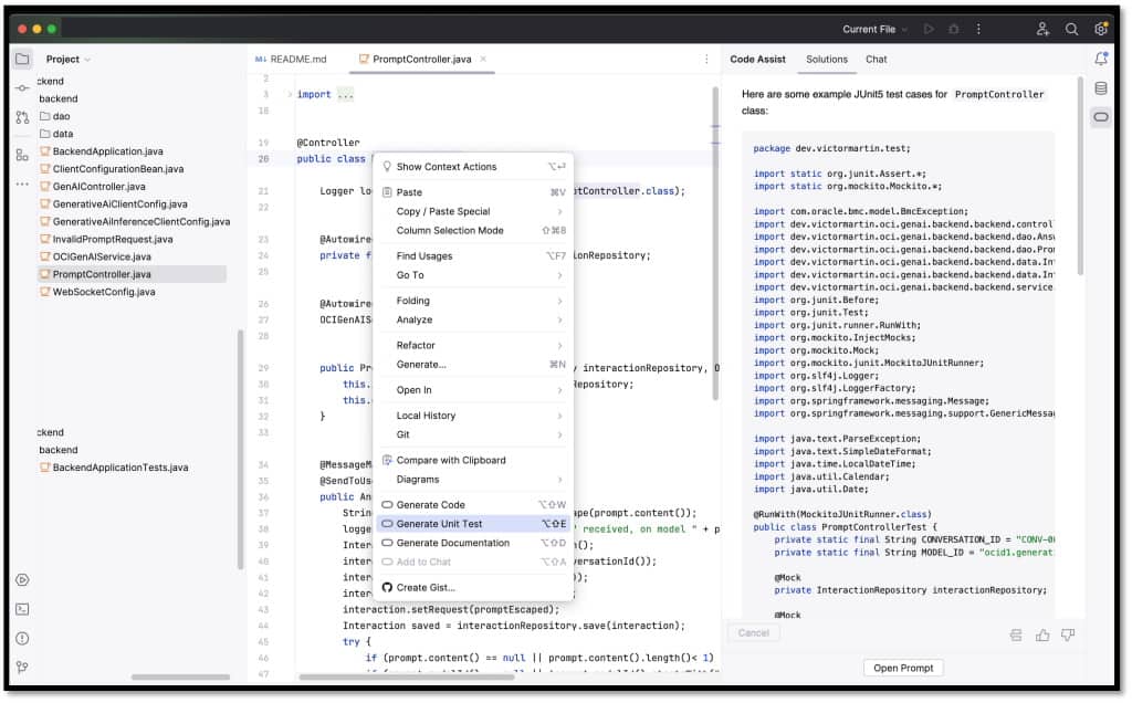 Generování testu jednotky Oracle Code Assist