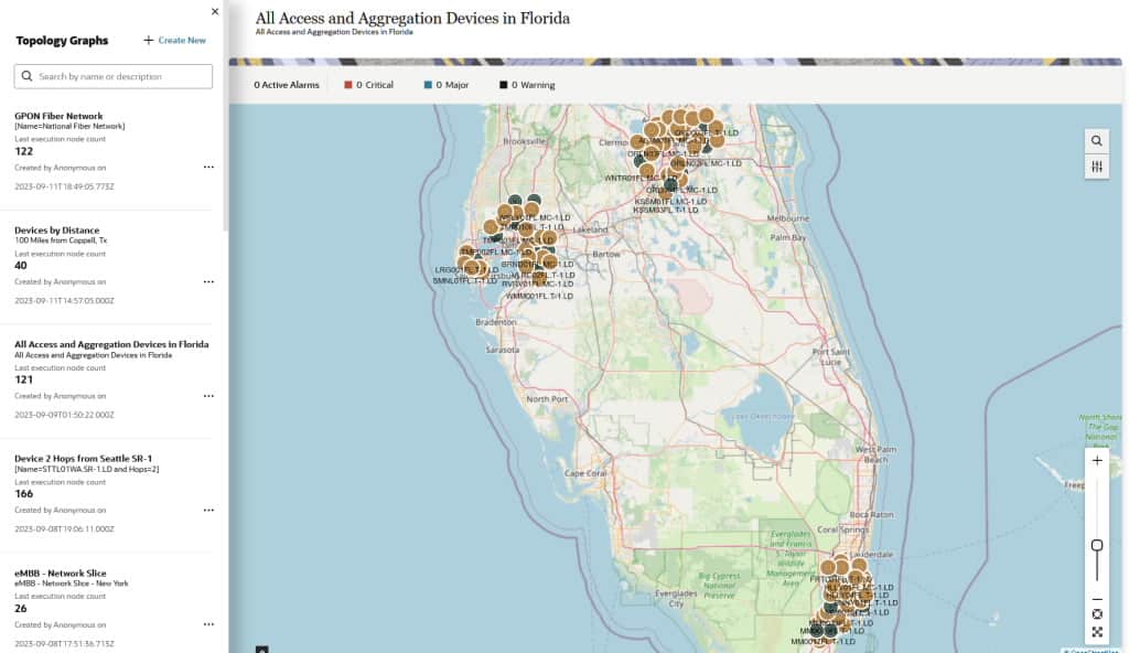 Síťové entity zakreslené na mapě