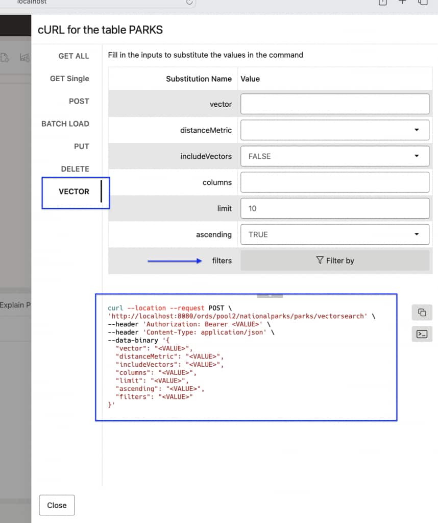curl command view of vector search endpoint