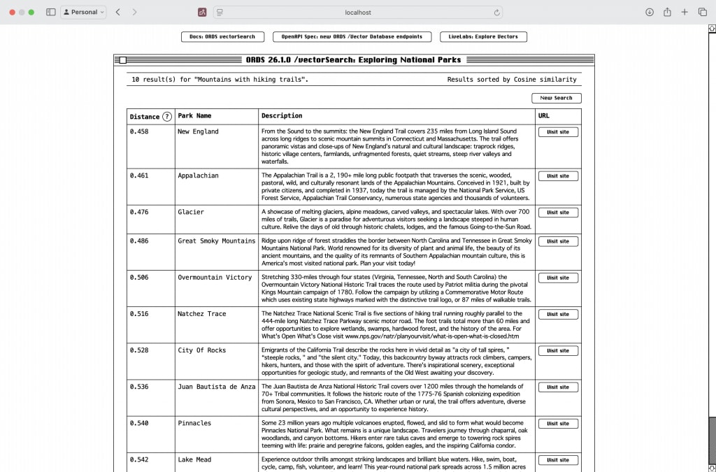Cosine sorted search results, in example app.