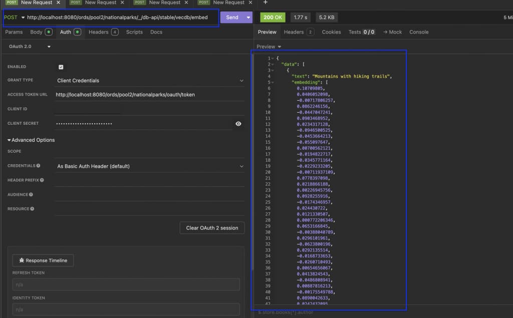 Screenshot of post request to vecdb/embed endpoint