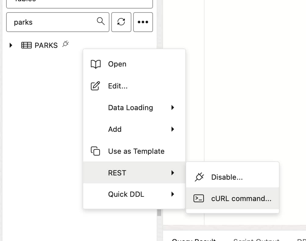 Curl command option from SQL Worksheet, for PARKS table