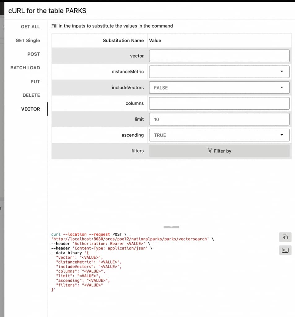A detailed view of the vectorSearch endpoint for the PARKS table.