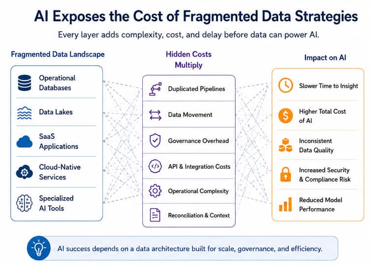 Diagram showing the fragmented data landscape on the left, how hidden costs can multiply in the center, and the impact on AI on the right. AI success depends on a data architecture built for scale, governance, and efficiency