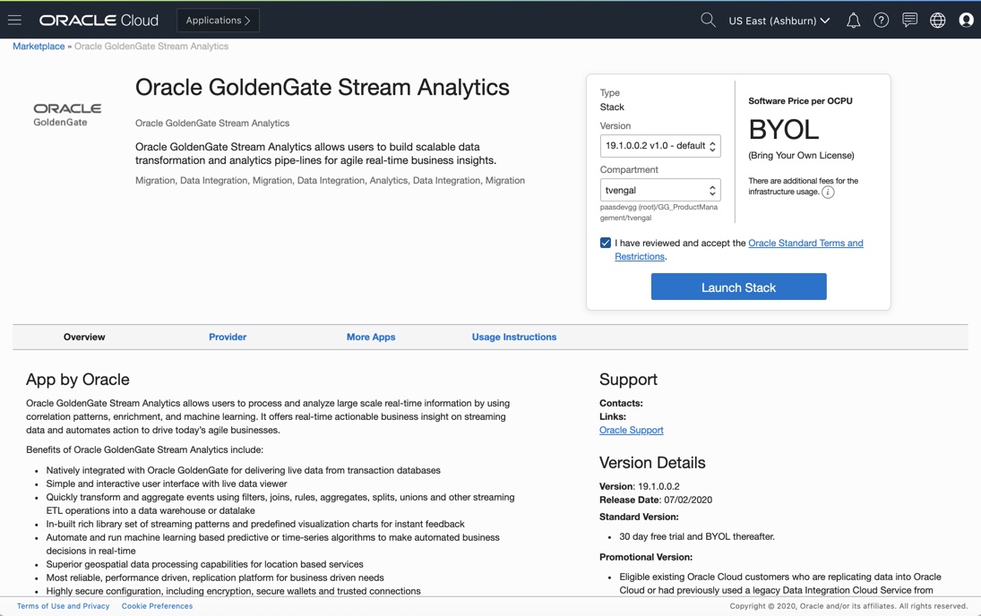 Oracle GoldenGate Stream Analytics on OCI Marketplace