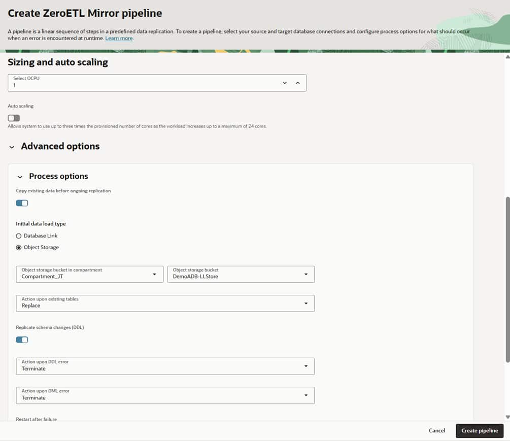 ZeroETL Mirror pipelines sizing and initial-load options