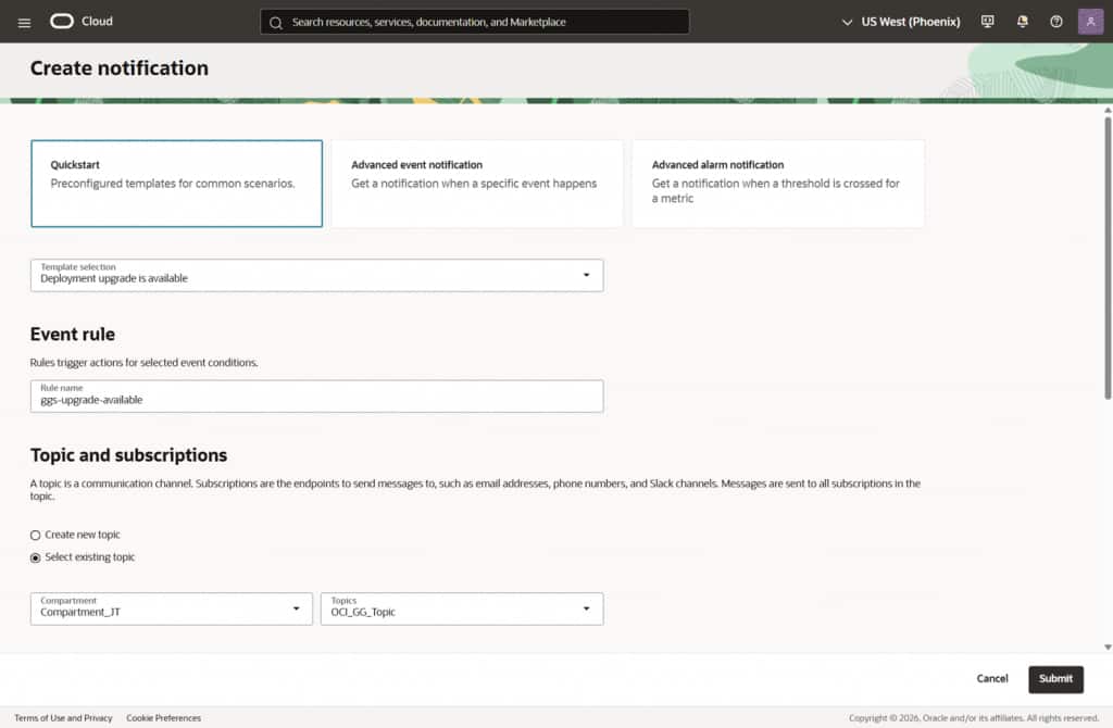 Create notification quickstart screen