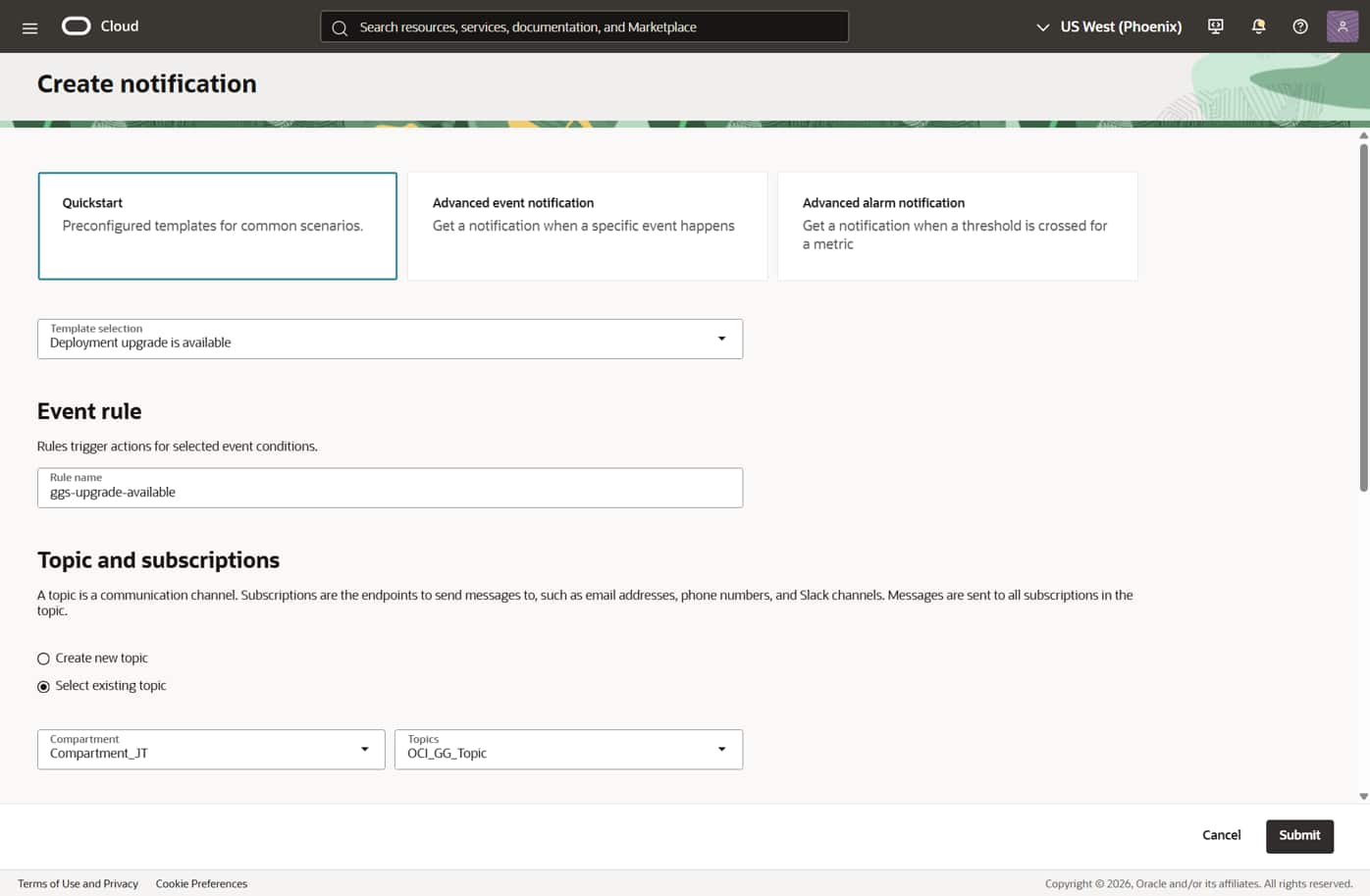 Configure upgrade notifications with OCI GoldenGate, Events, and Notifications
