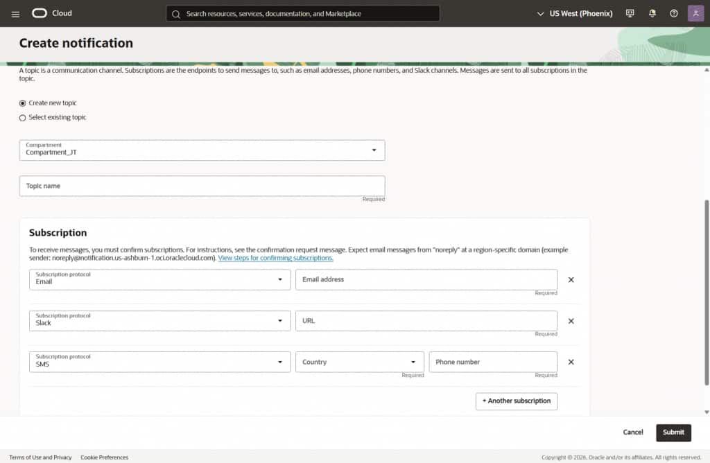 Topic and subscription settings