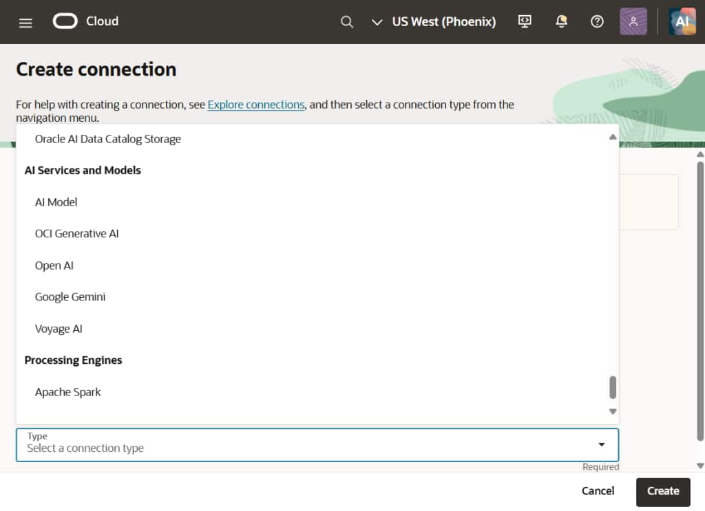 Provider connections and AI Model connections are available from the connection creation menu.