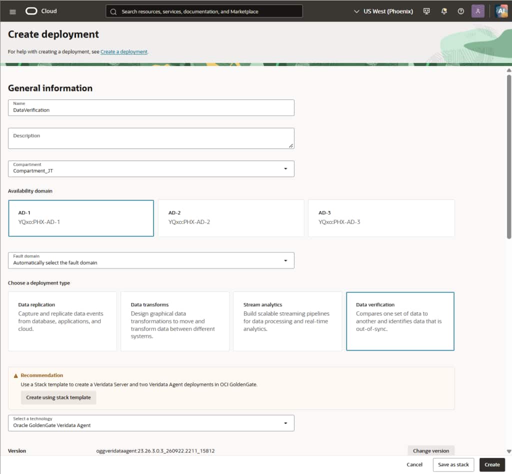 The deployment creation screen recommends the stack template for provisioning a Server and two Agents.
