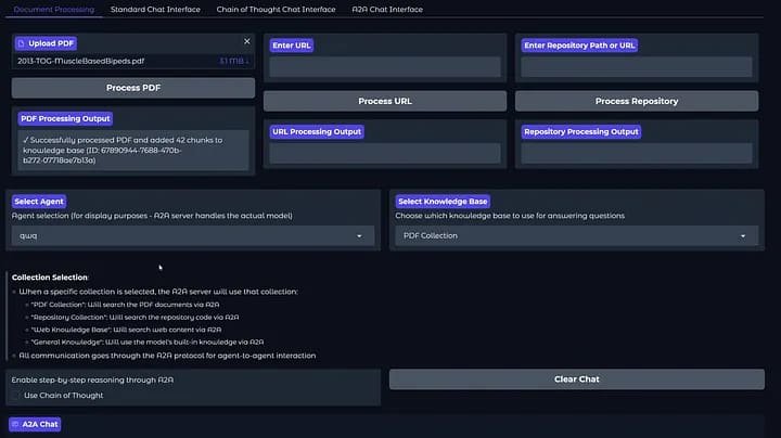 UI for the agentic_rag project — this data ingestion interface allows document uploads, text extraction from websites and codebase processing (getting code ready for LLMs)