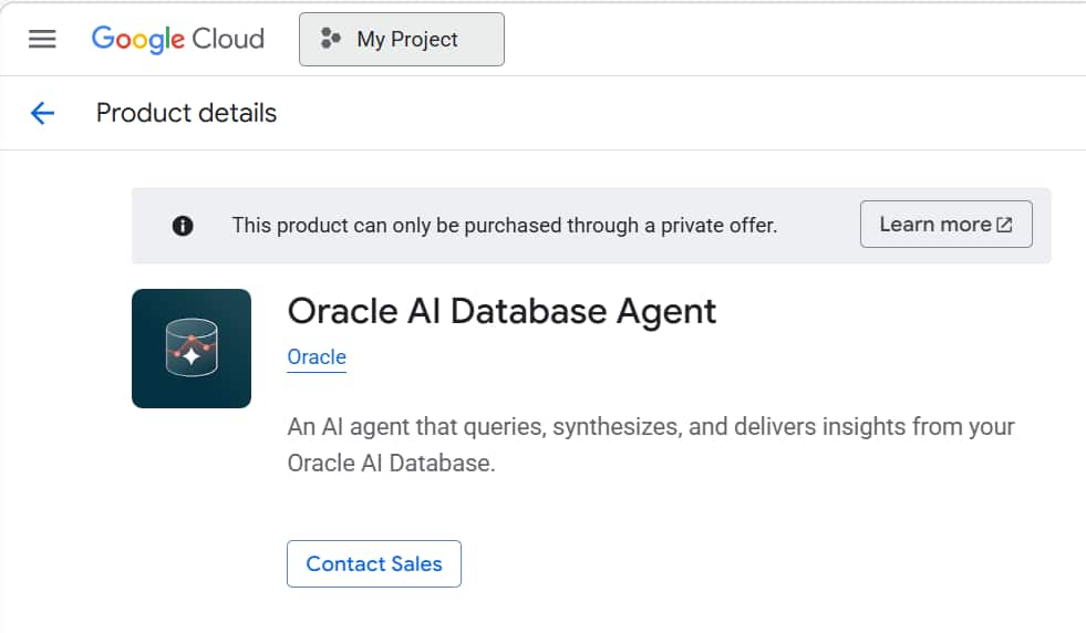 The image shows how to navigate to the Google Cloud Marketplace and search for Oracle AI Database Agent.