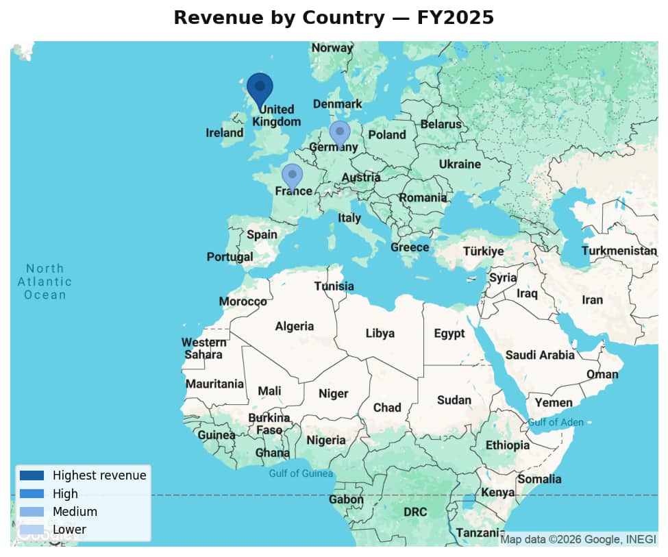 The image shows the visualization of the results on the map: the revenue by sales channel - Financial Year 2024 vs Financial Year 2025