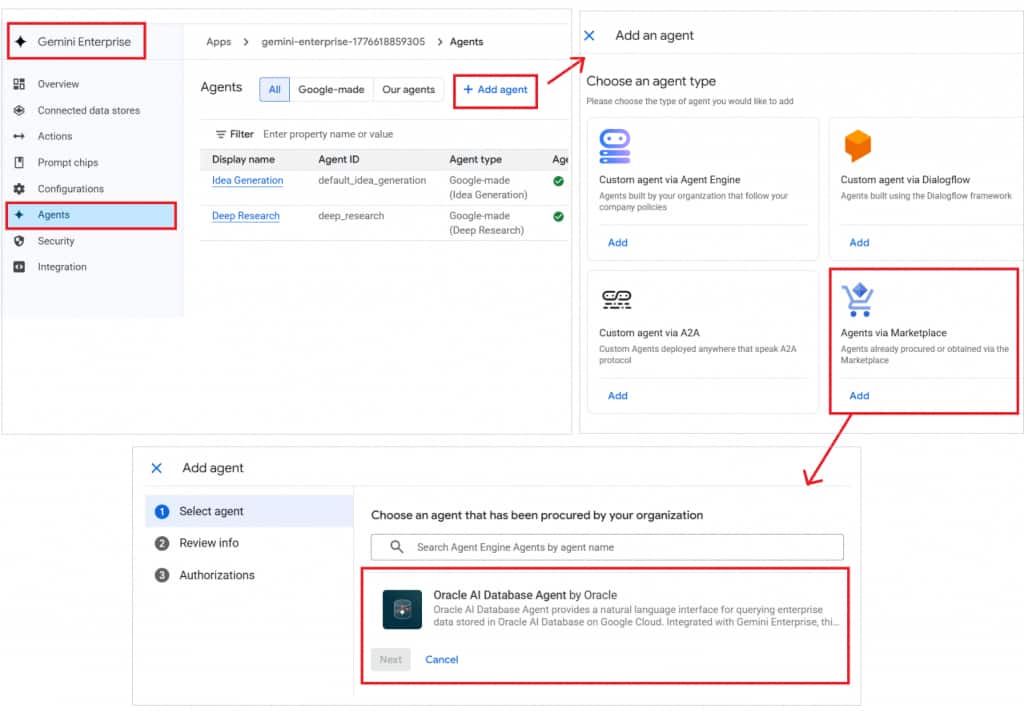 The image shows how to add the Oracle Agent to Gemini Enterprise. The Gemini Enterprise App Admin configures the agent that was procured previously in the Google Cloud Marketplace and grants access to users. From the Google Cloud Console open the Gemini Enterprise interface. Navigate to Add agent and select Oracle AI Database Agent.