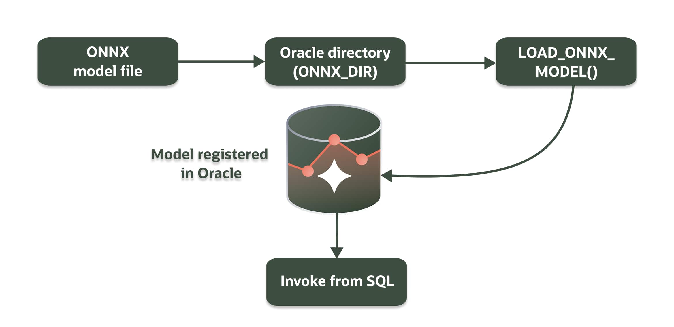 Diagram showing the workflow for loading and using an ONNX model in Oracle Database. An ONNX model file is stored in an Oracle directory object (ONNX_DIR), then loaded using the DBMS_VECTOR.LOAD_ONNX_MODEL() procedure. The model is registered inside the database and can then be invoked directly from SQL.