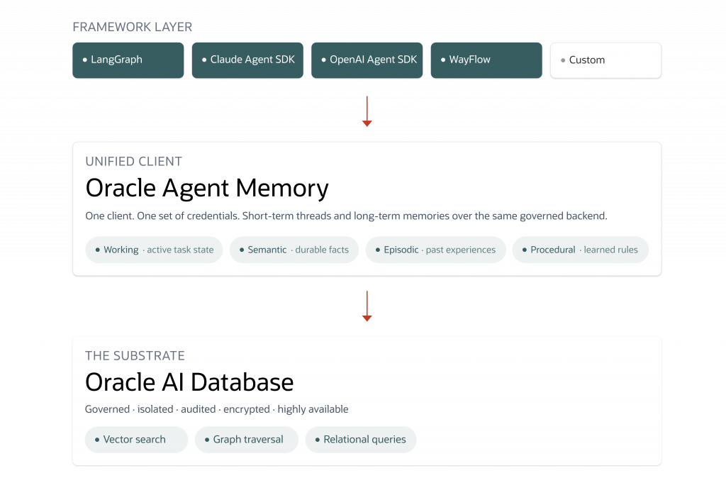 Diagram titled “Oracle Agent Memory” showing a layered architecture. At the top, a framework layer includes LangGraph, Claude Agent SDK, OpenAI Agent SDK, WayFlow, and custom integrations feeding into a unified Oracle Agent Memory client. The client manages working, semantic, episodic, and procedural memory types. Below, the system is powered by Oracle AI Database, which provides governed, isolated, audited, encrypted, and highly available infrastructure with vector search, graph traversal, and relational query capabilities.