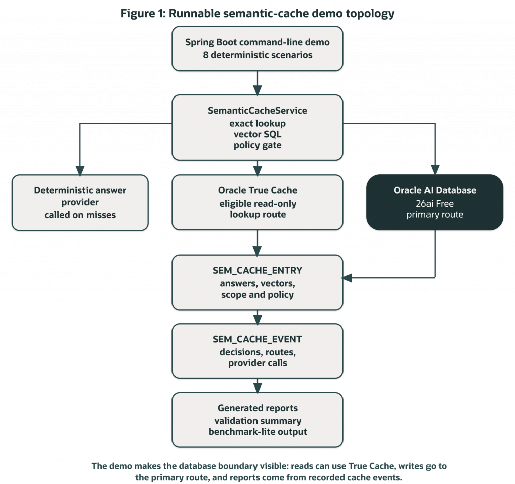 Diagram titled “Runnable semantic-cache demo topology.” A Spring Boot demo application sends prompts to a SemanticCacheService that performs exact lookups, vector similarity searches, and policy checks. Oracle AI Database stores semantic cache entries containing answers, vectors, scope, and policy metadata. Oracle True Cache serves eligible read-only lookups, while misses invoke a deterministic answer provider. Cache events are recorded and used to generate validation reports and benchmark-style outputs.