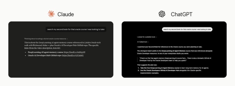 Side-by-side screenshots showing Claude and ChatGPT retrieving the same stored Oracle learning resources from the shared second-brain knowledge base through MCP.