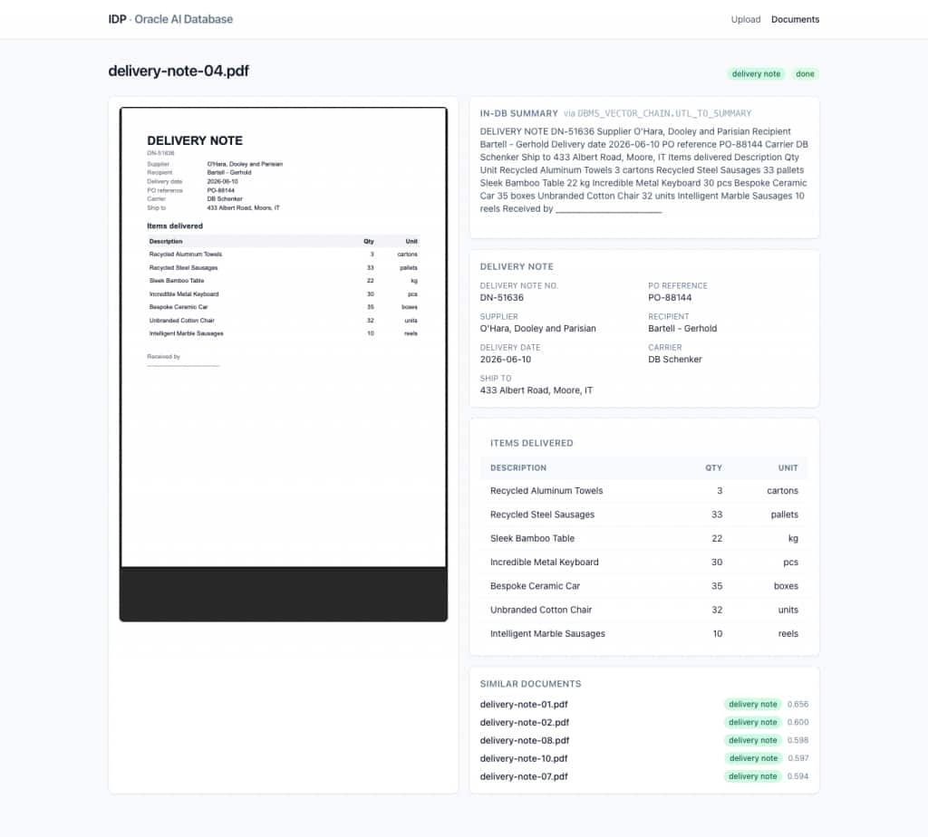 The app's document detail view showing the original PDF, its extracted fields, and similar documents found via vector search