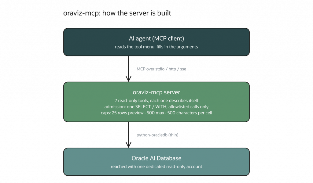 Diagram showing an AI agent acting as an MCP client and sending requests over stdio, HTTP, or SSE to the oraviz-mcp server. The server exposes seven read-only tools with SELECT/WITH allowlisting and output limits, then connects through thin python-oracledb to Oracle AI Database using a dedicated read-only account.