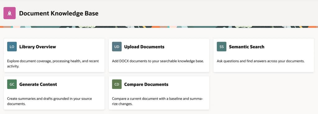 Document Knowledge Base brings document upload, search, content generation, and comparison into one application.