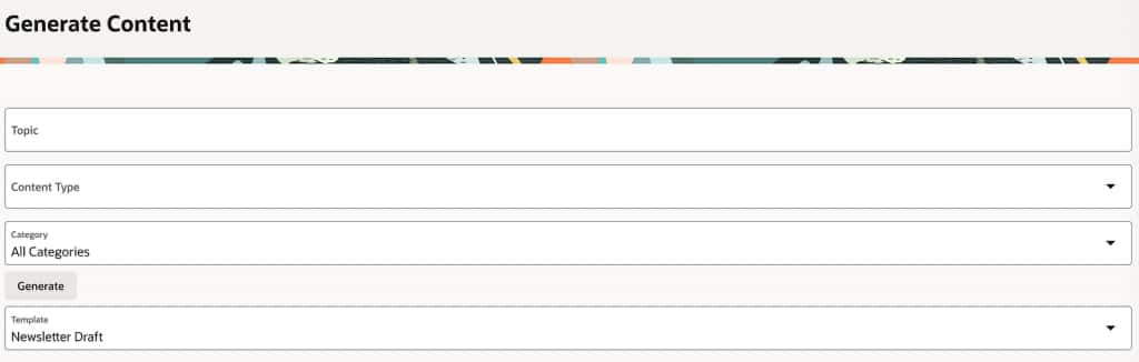 A topic, content type, category, and template guide content generation. This screenshot shows the input form; generated drafts still need source review.
