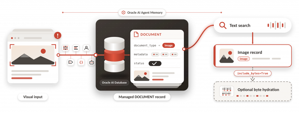 Diagram of visual input flowing into a managed DOCUMENT record in Oracle AI Database. Text search returns an image record, with optional byte hydration controlled by include_bytes=True.