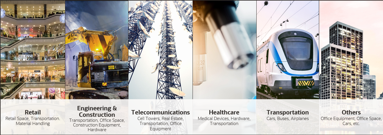 Image showing 5 key industries and types of lease contracts : 1. Retail -  leasing retail space, transportation, material handling 2. Engineering & Construction - leasing transportation, office space, construction equipment, and hardware 3. Telecommunications - leasing cell towers, real estate, transportation, office equipment 4. Healthcare - leasing medical devices, hardware, transportation 5. Transportation - leasing cars, buses, airplanes and a sixt image for Other industries - leasing office equipment, office space, cars, etc.