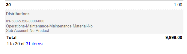 Snippet of invoice approval notification showing 30th line and total