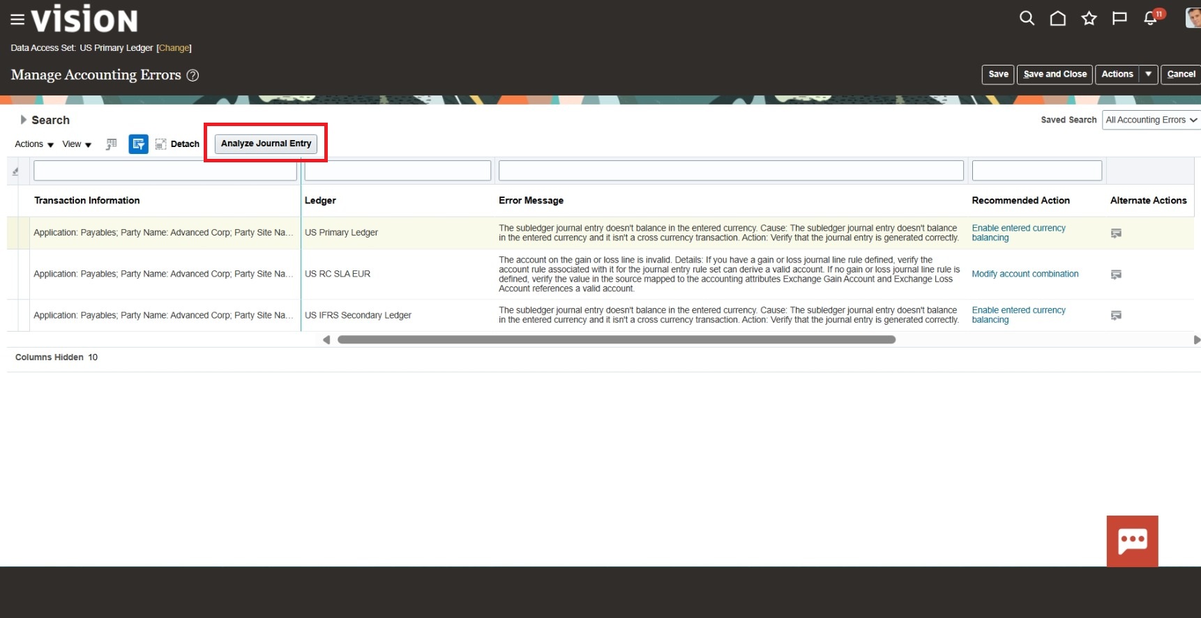 Manage Accounting Errors page