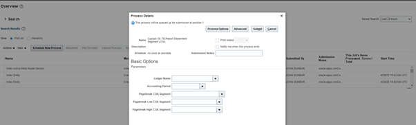 Figure 1 shows a screenshot example of custom BIP report parameters with dependent list of values that display 5 report parameters as follows: Ledger Name - with List of values (LOV) Accounting Period with LOV Pagebreak COA segment Pagebreak Low COA segment Pagebreak High COA segment