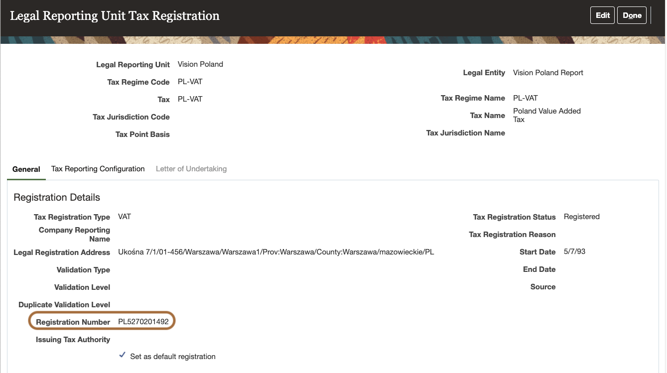 Figure 1 displays a screenshot of the Legal Reporting Unit Tax Registration setup user interface. The field "Registration Number'" in the Tab "General" is highlighted.