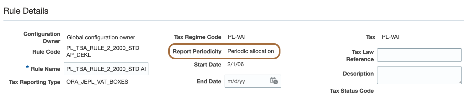 Figure 11 displays a screenshot of the Tax Box Allocation rules setup user interface, with a focus on the Report Periodicity attribute set here to "Periodic allocation".