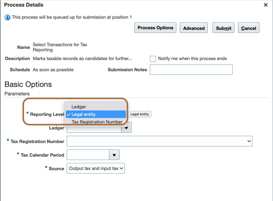 Figure 12 displays a screenshot of the parameters user interface for the process Select Transactions for Tax Reporting. There is a special focus of the first parameter "Reporting Level" for which three values are available: - Legder - legal Entity - Tax registration Number