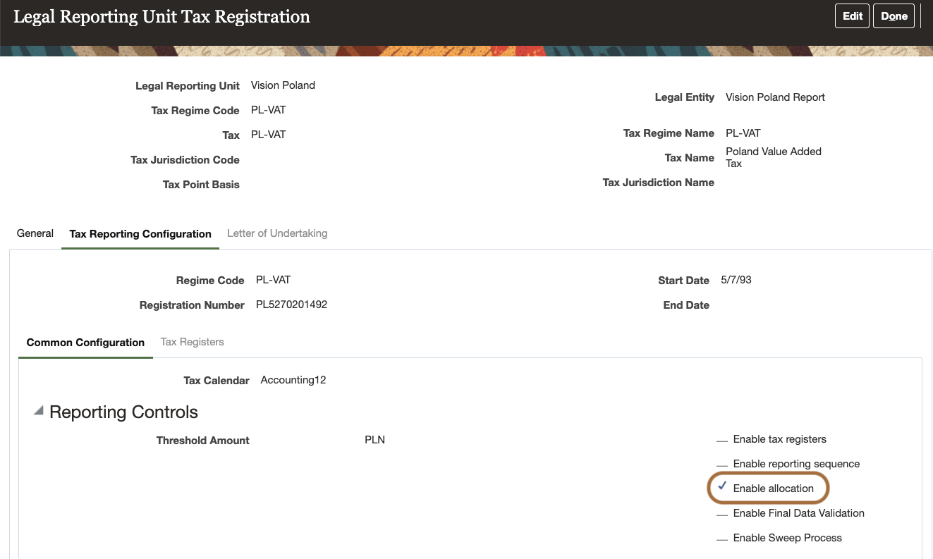 Figure 2 displays a screenshot of the Legal Reporting Unit Tax Registration setup user interface. "Enable Allocation" is checked in the Common Configuration options of the tab "Tax Reporting Configuration".