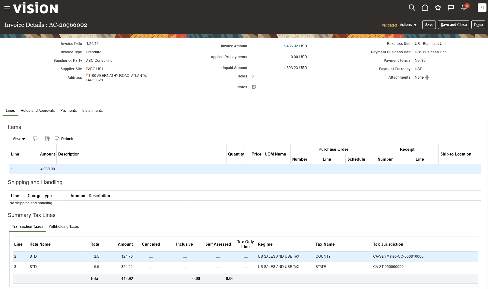 Invoice Details page