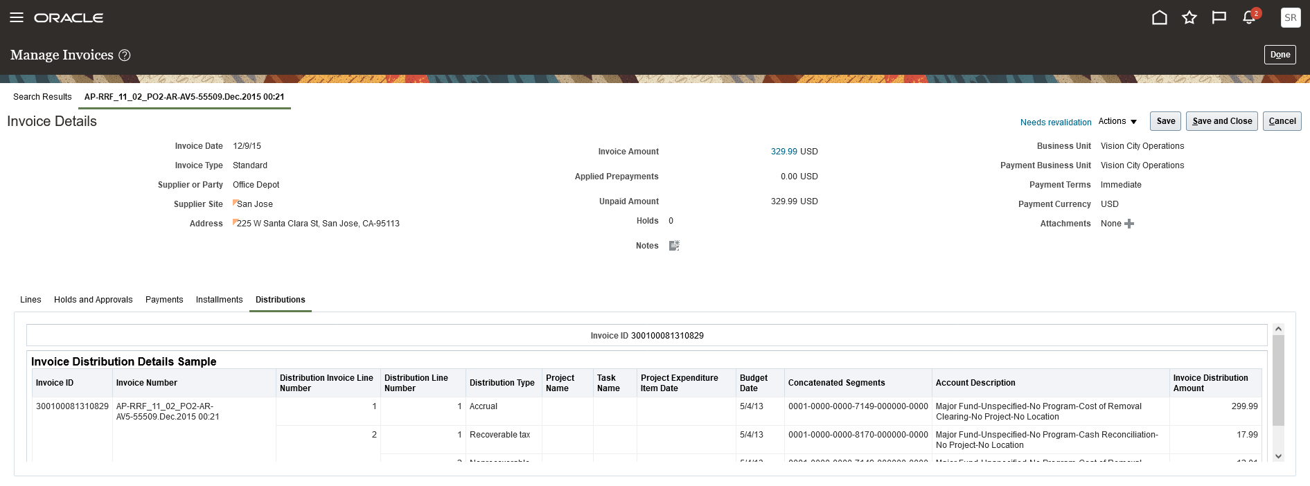 Invoice details page displaying invoice distributions