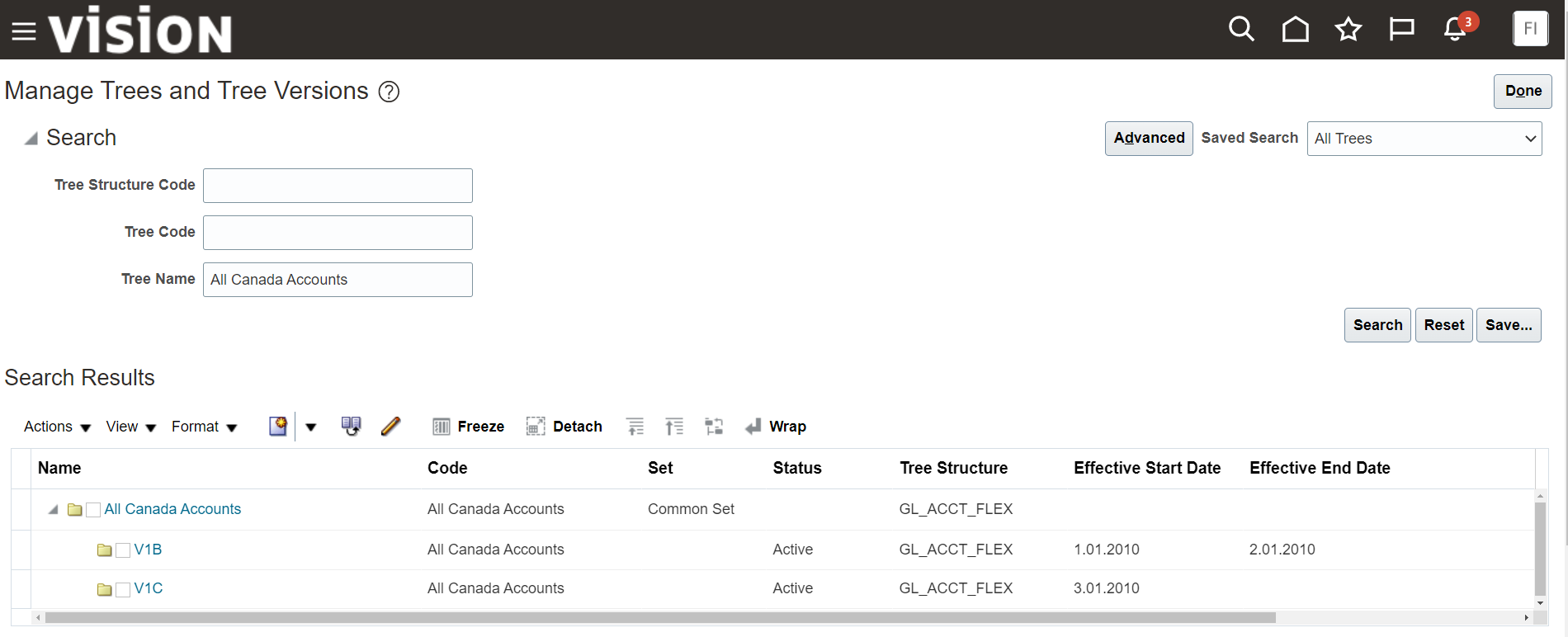 Figure 1 displays a screenshot example of Manage Trees and Tree Versions UI. It shows a Tree named All Canada Accounts for Tree Structure GL_ACCT_FLEX. The Tree is defined with two Tree versions: version V1B with effective start and end date from Jan 1 2020 to Feb 1 2020, and version V1C with effective start date of March 1, 2010 and no end date.