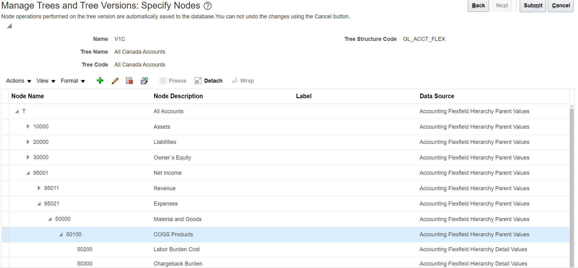 Figure 2 displays an example of a screenshot of Manage Trees and Tree Versions: Specify Nodes UI. It illustrates the hierarchy for Cost of Goods Sold accounts between top