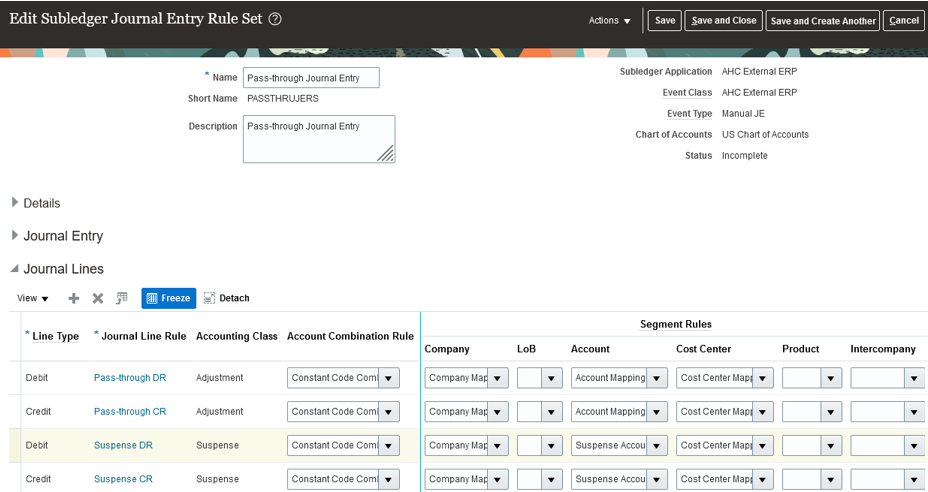 Subledger Journal Entry Rule Set Setup