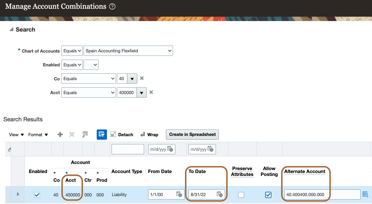 Example of alternate account definition through the Manage Account Combination user interface.