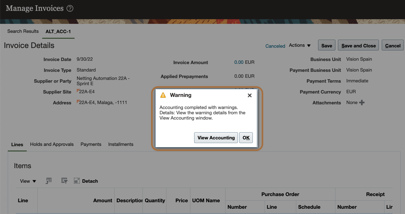 Warning message being displayed on the Edit Invoice user interface during the online accountin