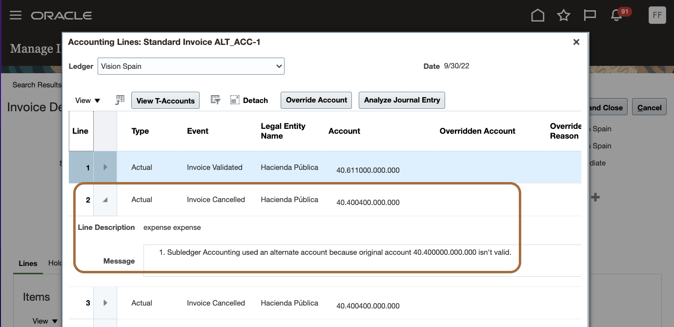 Payable invoice Accounting lines user interface displaying the message that Subledger Accounting used an alternate account as the original account is invalid.