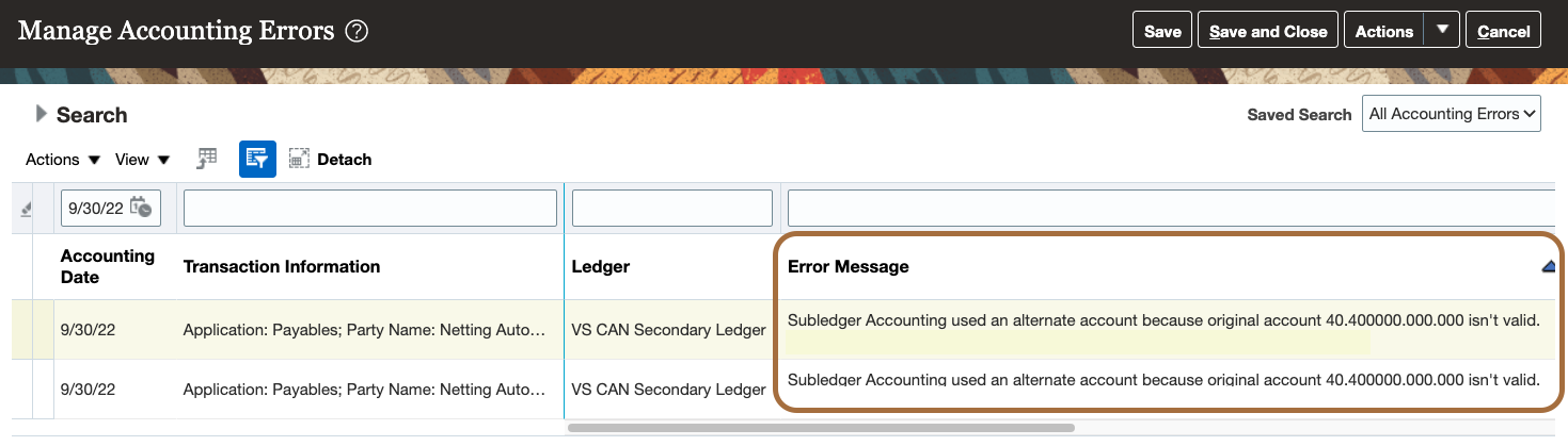 Manage Accounting Errors user interface displaying the message that Subledger Accounting used an alternate account as the original account is invalid.
